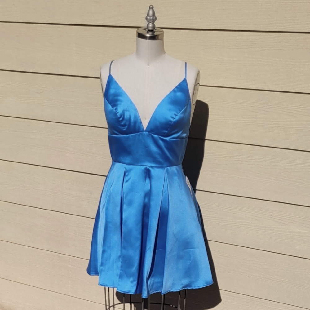 NEW B Darlin Sky Blue Spaghetti Strap Satin Dress